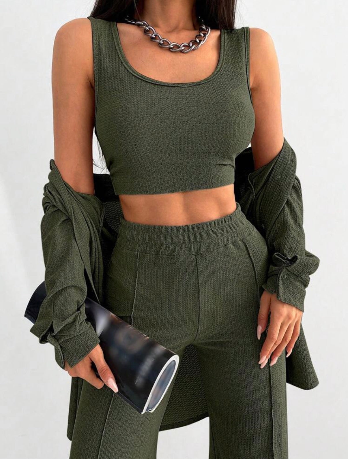 Ensemble 2 pièces pantalon & crop-top Kaki - Shein taille S