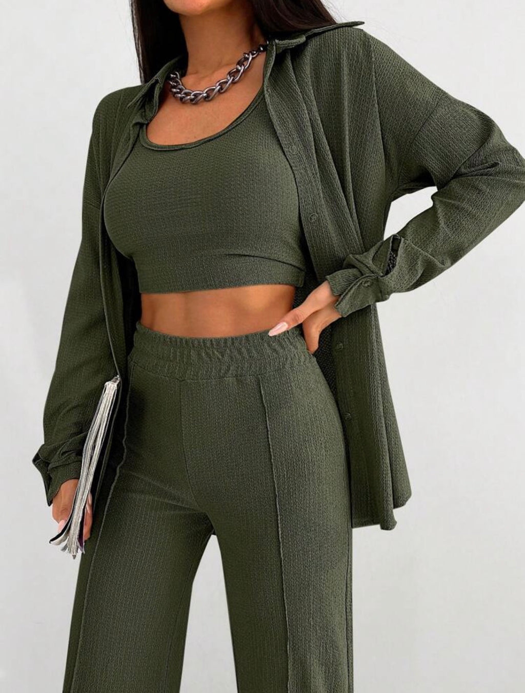 Ensemble 2 pièces pantalon & crop-top Kaki - Shein taille S